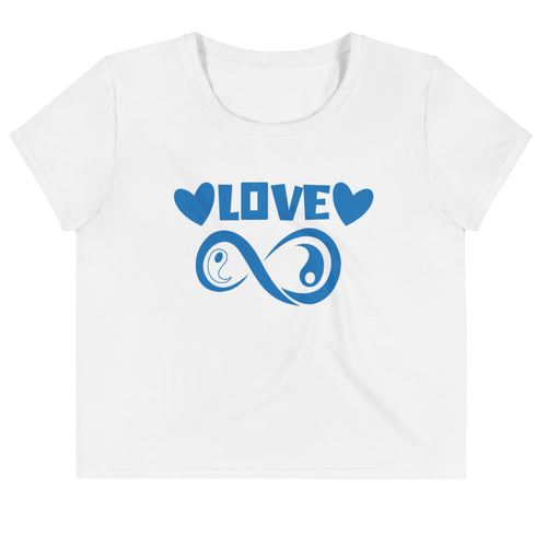 Infinite Love crop tee, blue print on white, front view