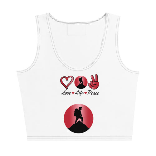 Peace Above Mountains crop top, red and black print on white, front view
