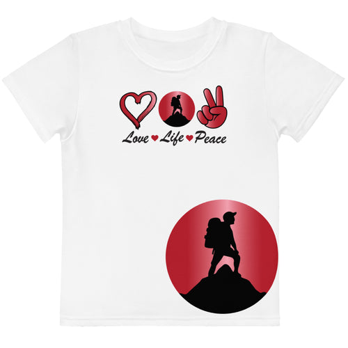 Peace Above Mountains kids tee, red and black print on white, front view