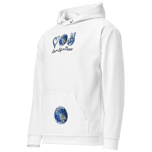Harmony On Earth design on a white unisex hoodie, front view