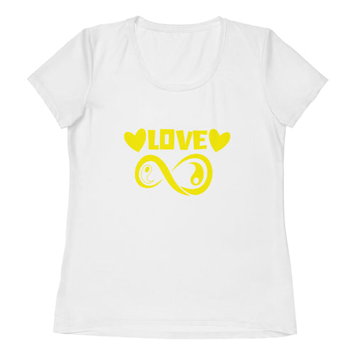 Infinite Love women's athletic tee, yellow print on white, front view
