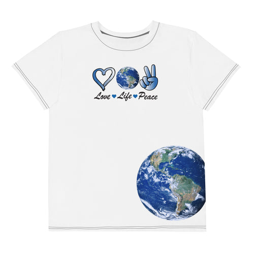 Harmony On Earth youth tee, blue print on white, front view