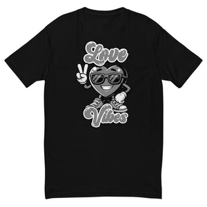 Love Vibes design on a black men's fitted t-shirt, front view