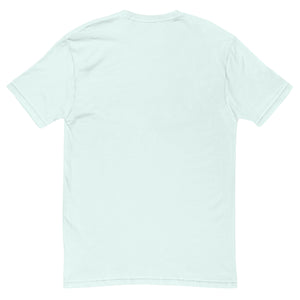 Heart DJ design on a light blue men's fitted t-shirt, back view