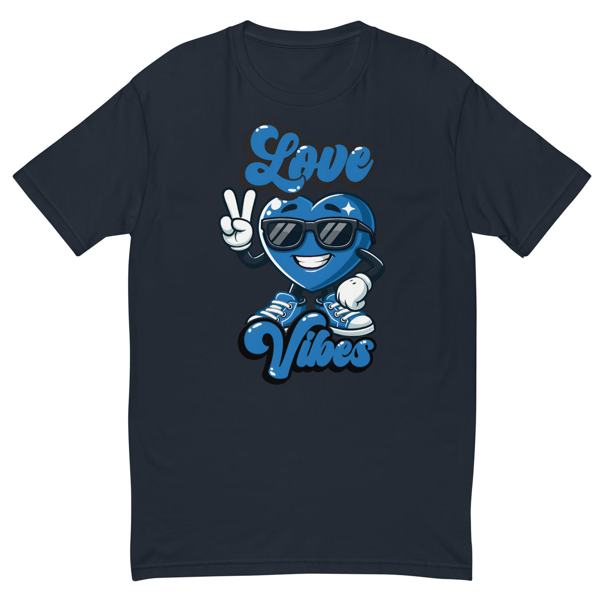 Love Vibes Crew design on a midnight navy men's fitted t-shirt, front view