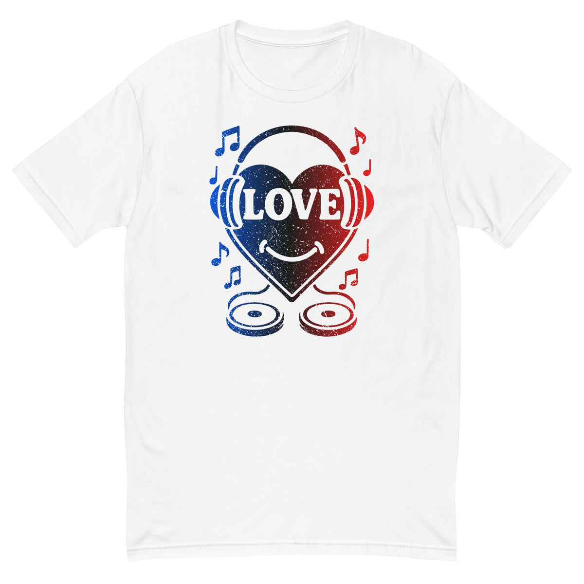 Heart DJ design on a white men's fitted t-shirt, front view