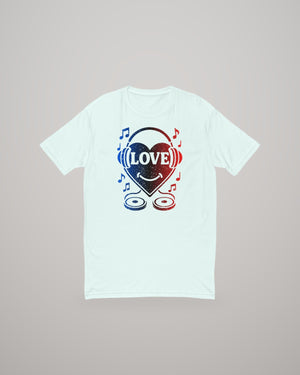 Heart DJ T-shirt, red and blue print on light blue, front view