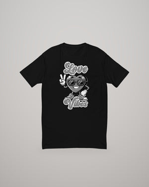 Love Vibes T-shirt, black and white print on black, front view