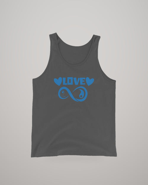 Infinite Love men's tank top, blue print on dark grey, front view