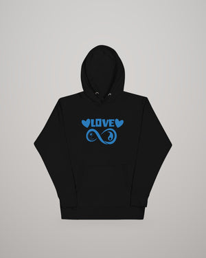 Infinite Love hoodie, blue print on black, front view