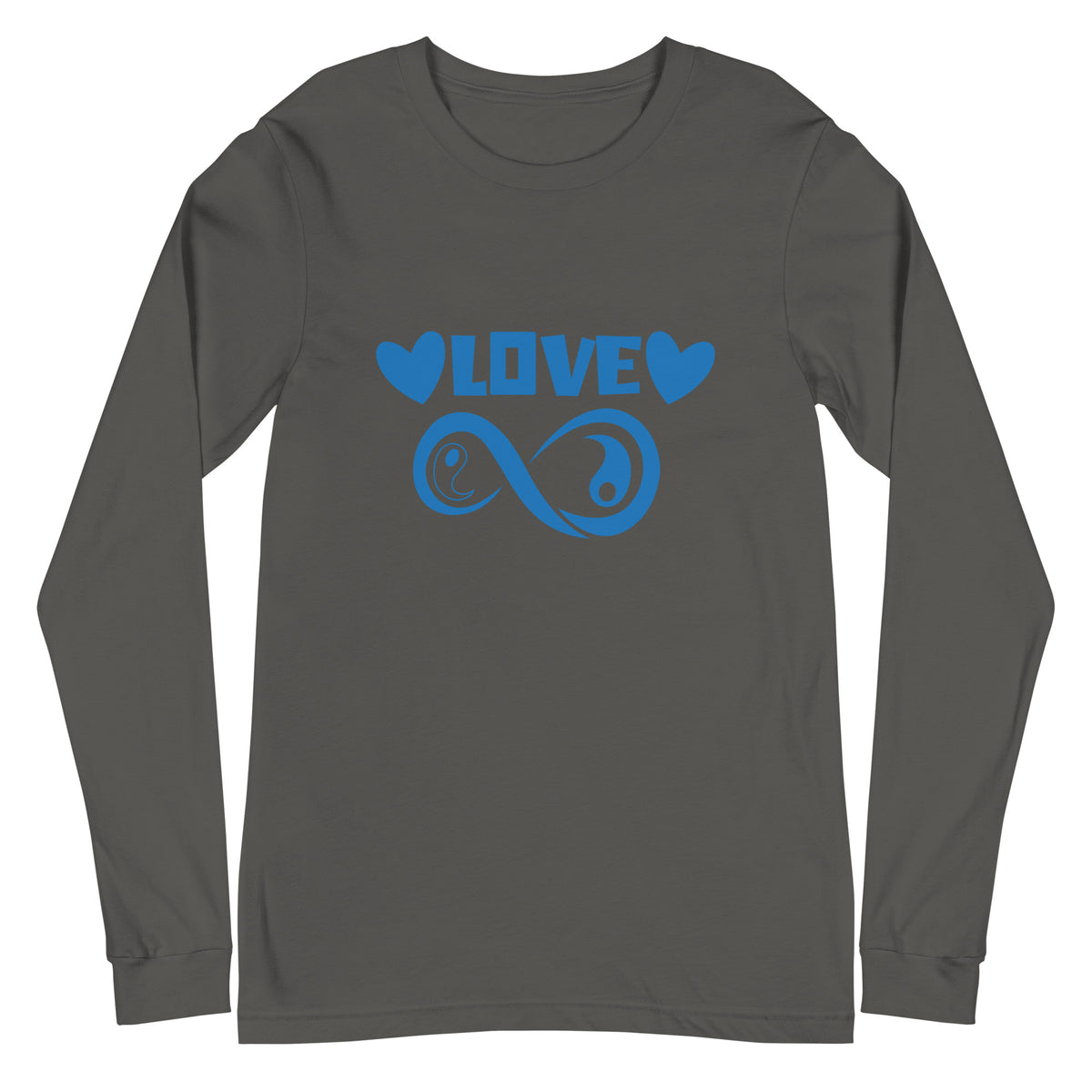 Infinite Love design on an asphalt unisex long sleeve tee, front view