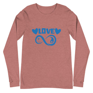 Infinite Love design on a heather mauve unisex long sleeve tee, front view