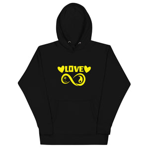 Infinite Love design on a black unisex hoodie, front view