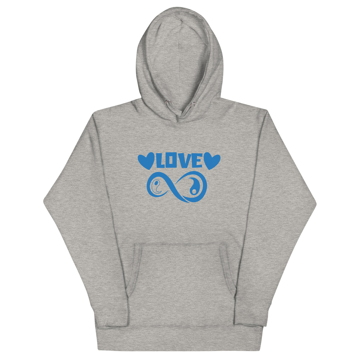 Infinite Love design on a carbon grey unisex hoodie, front view