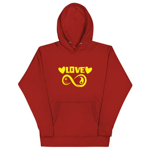 Infinite Love design on a cardinal unisex hoodie, front view