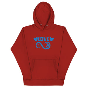 Infinite Love design on a cardinal unisex hoodie, front view