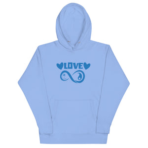 Infinite Love design on a carolina blue unisex hoodie, front view
