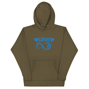 Infinite Love design on a military green unisex hoodie, front view