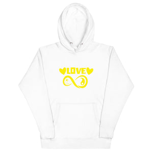 Infinite Love design on a white unisex hoodie, front view