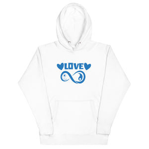 Infinite Love design on a white unisex hoodie, front view