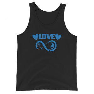 Infinite Love design on a black unisex tank top, front view