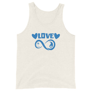 Infinite Love design on an oatmeal triblend unisex tank top, front view