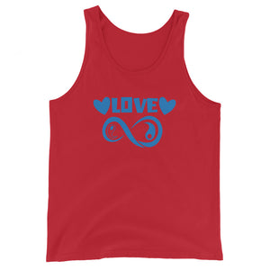 Infinite Love design on a red unisex tank top, front view
