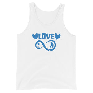 Infinite Love design on a white unisex tank top, front view