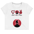 Peace Above Mountains design on a white crop tee, front view
