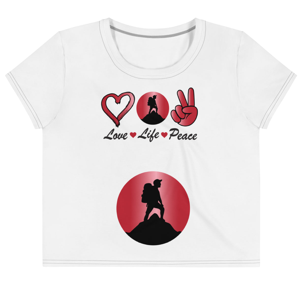 Peace Above Mountains design on a white crop tee, front view