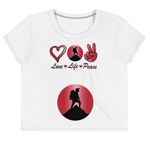Peace Above Mountains crop tee, red and black print on white, front view