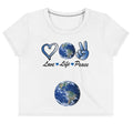 Harmony On Earth design on a white crop tee, front view
