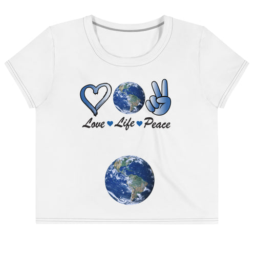 Harmony On Earth crop tee, blue print on white, front view