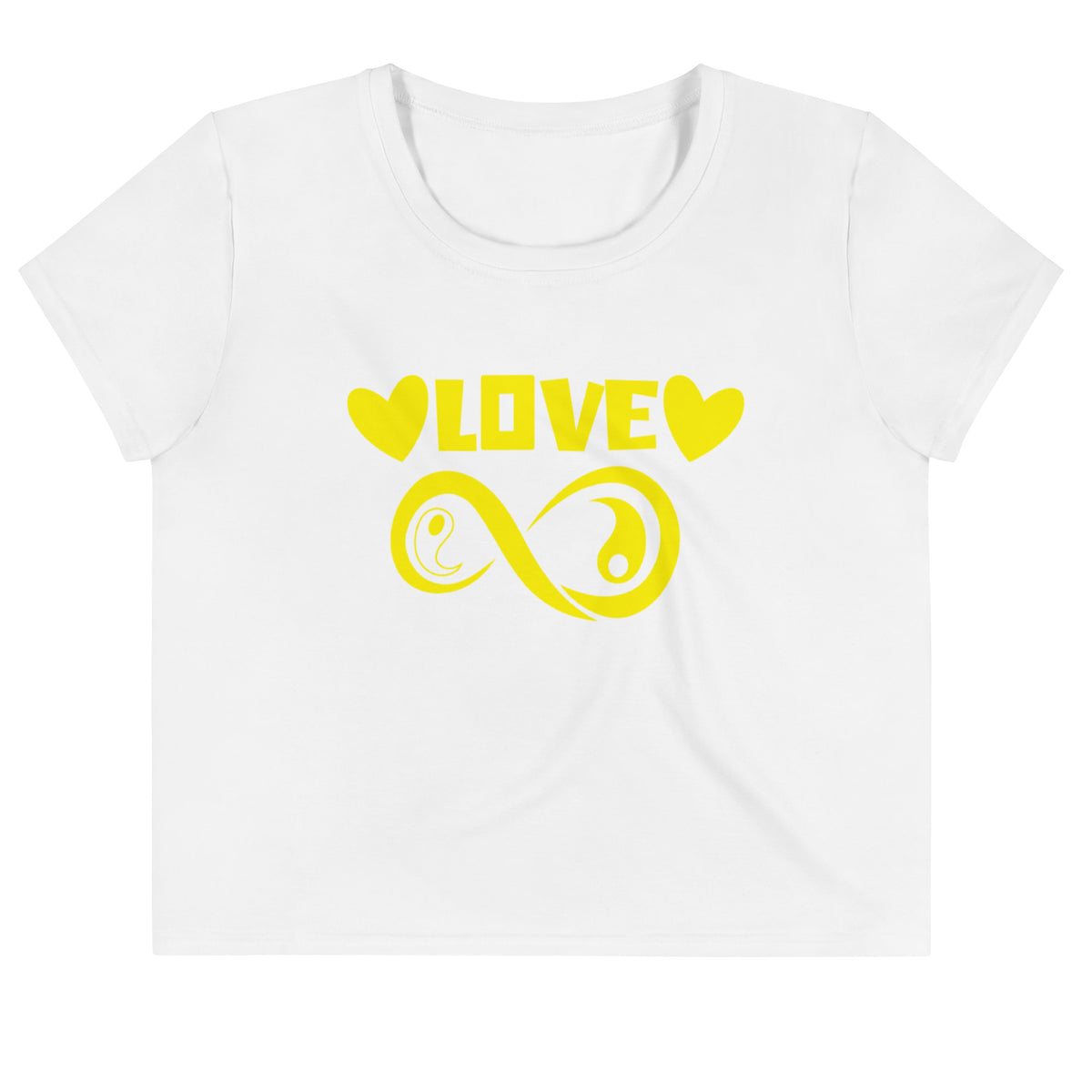 Infinite Love design on a white crop tee, front view