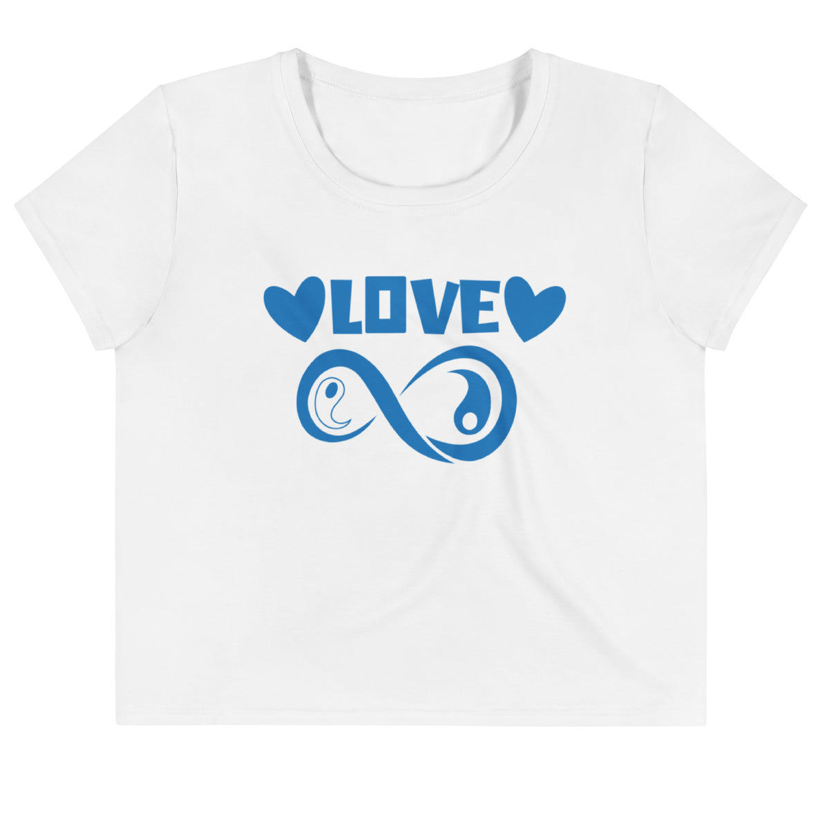 Infinite Love design on a white crop tee, front view