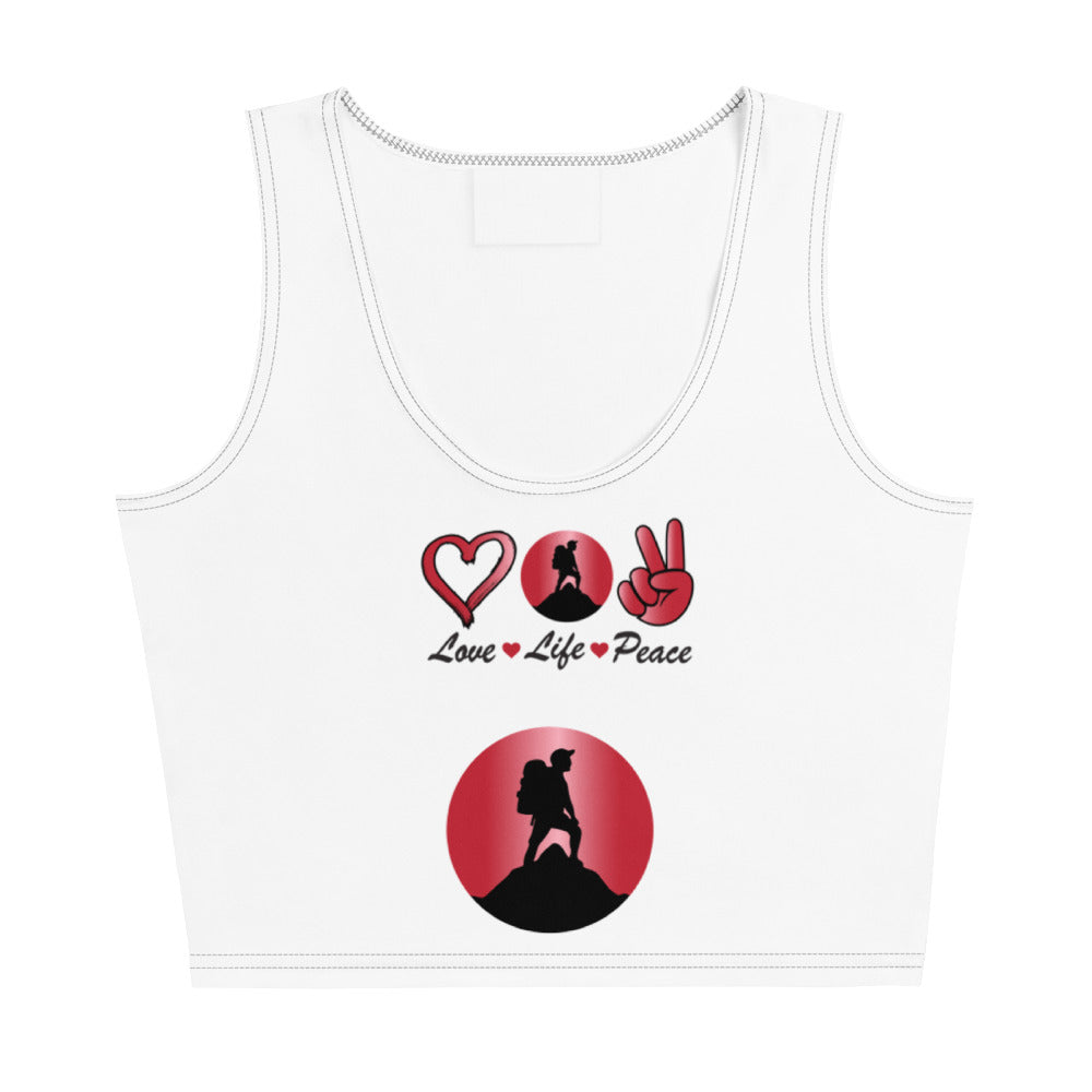 Peace Above Mountains design on a white crop top, front view