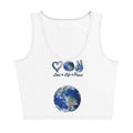 Harmony On Earth design on a white crop top, front view