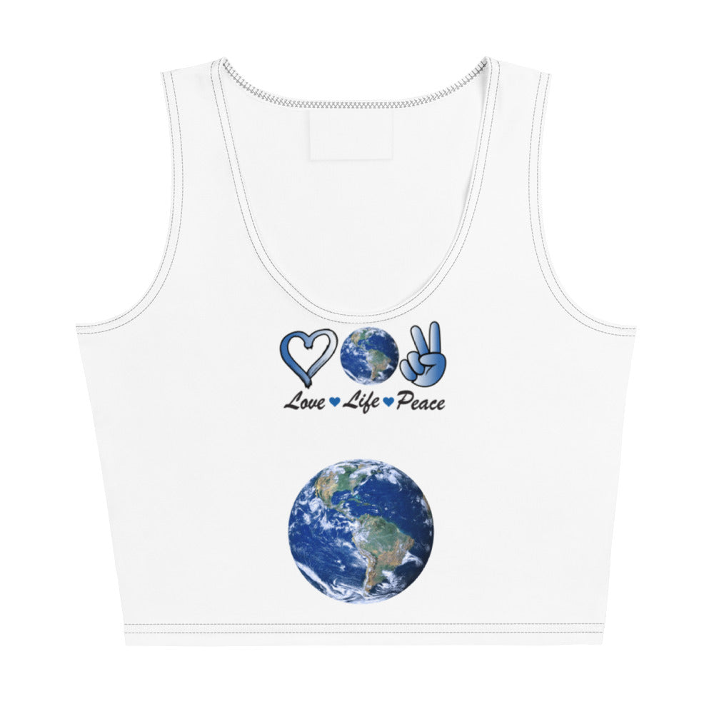 Harmony On Earth design on a white crop top, front view