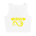 Infinite Love design on a white crop top, front view