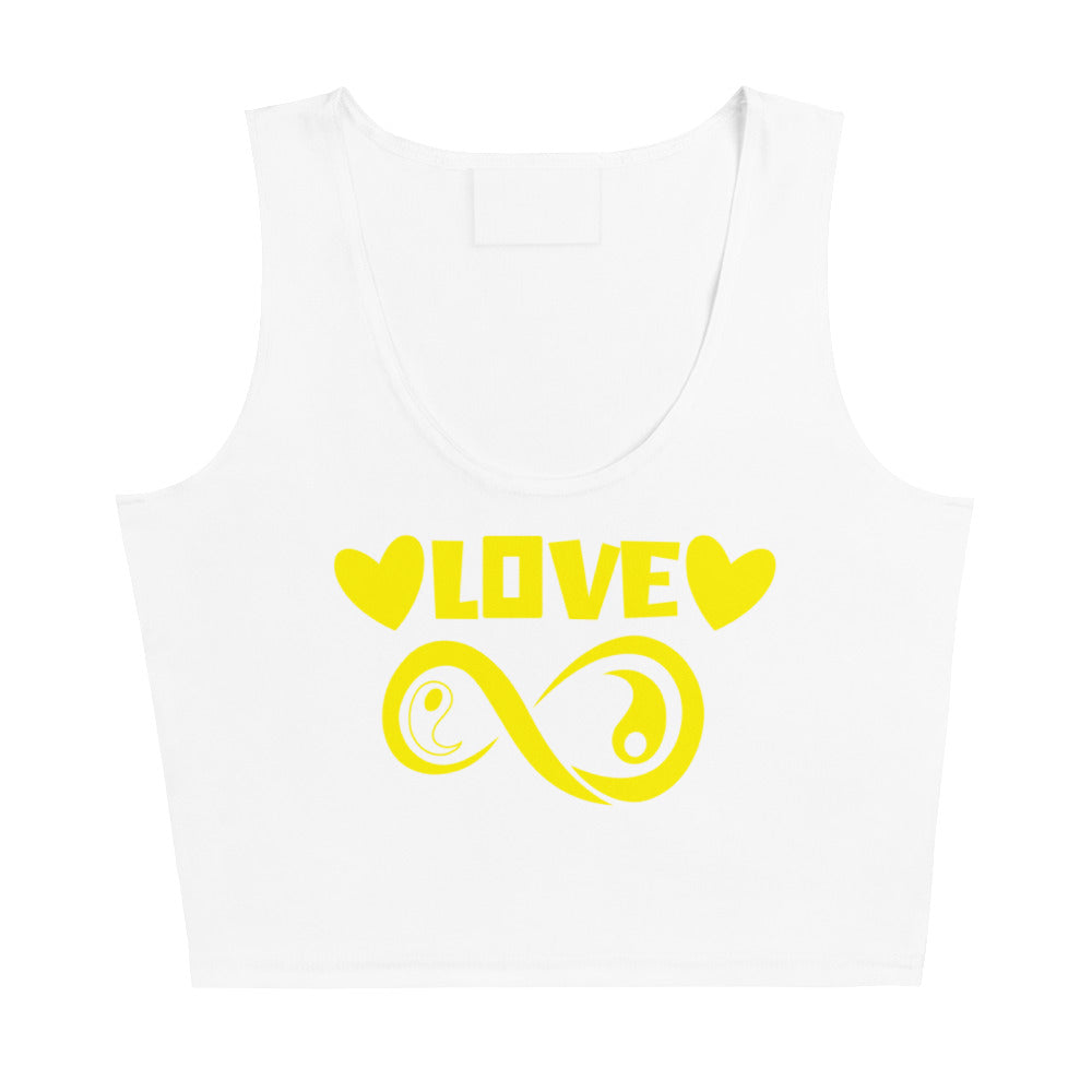 Infinite Love design on a white crop top, front view