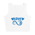 Infinite Love design on a white crop top, front view