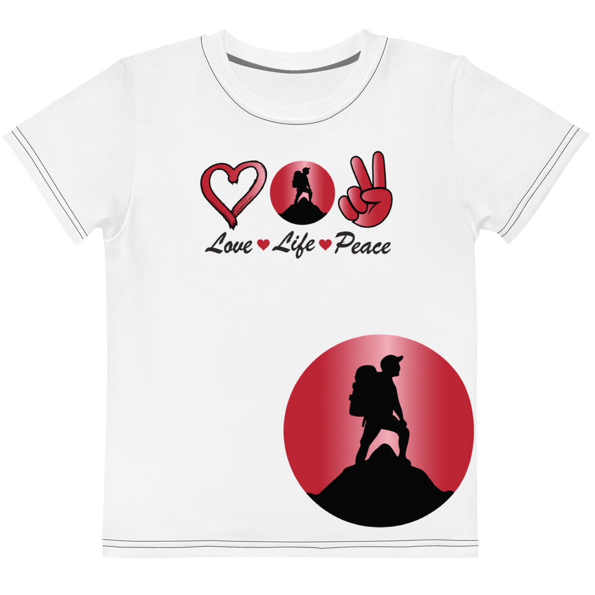 Peace Above Mountains design on a white kids cotton crew neck t-shirt, front view