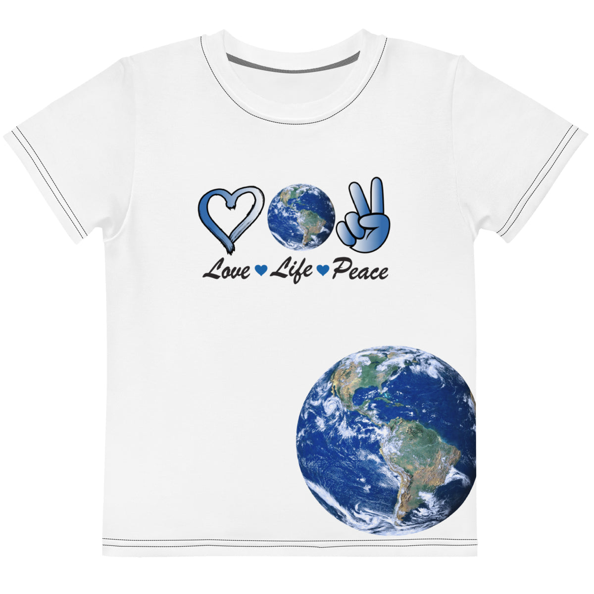 Harmony On Earth design on a white kids cotton crew neck t-shirt, front view