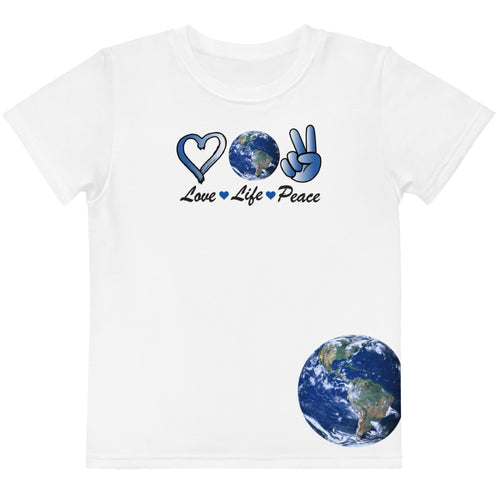 Harmony On Earth kids tee, blue print on white, front view