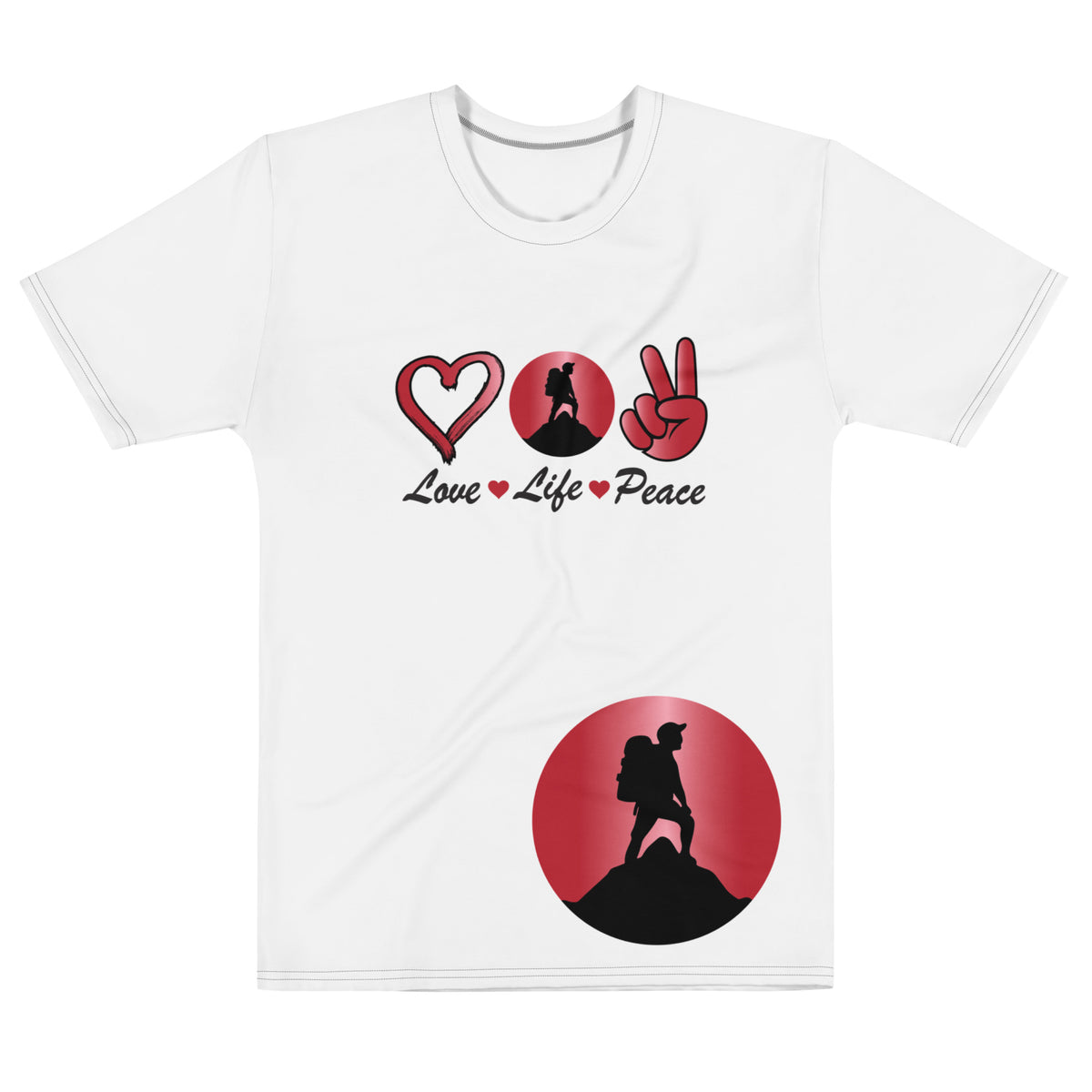 Peace Above Mountains design on a white men's crew neck t-shirt, front view