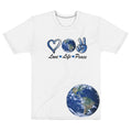 Harmony On Earth design on a white men's crew neck t-shirt, front view