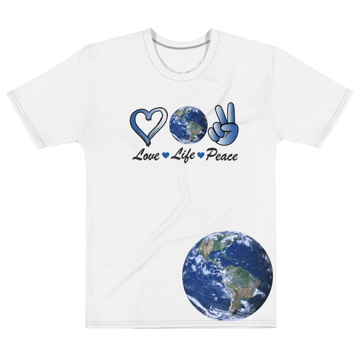 Harmony On Earth design on a white men's crew neck t-shirt, front view