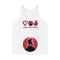 Peace Above Mountains design on a white men's tank top, front view