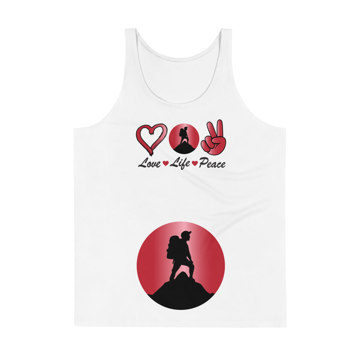 Peace Above Mountains design on a white men's tank top, front view