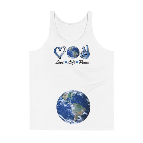Harmony On Earth men's tank top, blue print on white, front view